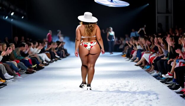 Mature beautiful plus-size woman in colorful bikini with flower patterns walking on stage on the fashion show. 