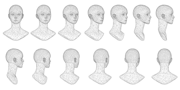 A series of black and white wireframe of heads. The illustration are all of the same person, but the heads are different sizes and angles. The heads are all in a row