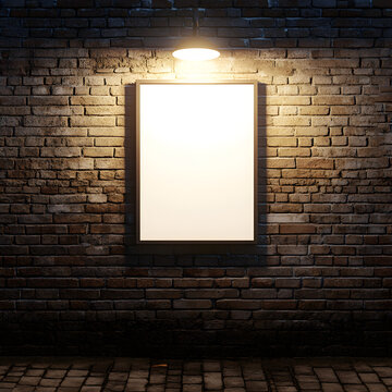 Rustic Brick Wall with Illuminated Blank Poster Under Warm Streetlight on Cobblestone Path for Urban Mockup Design