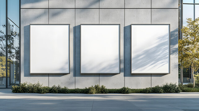 Modern Concrete Wall with Three Blank Posters and Soft Shadows in Urban Setting for Advertisement Mockup Design