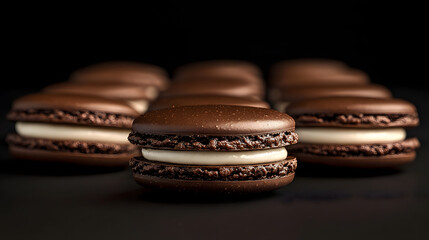 Decadent Chocolate Macarons with Creamy White Filling on Dark Surface for Gourmet Dessert Photography
