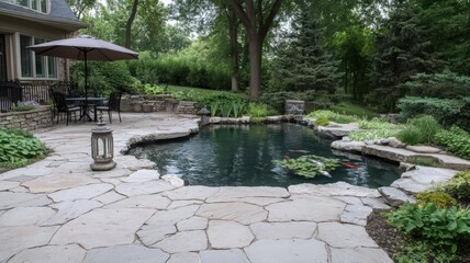 Tranquil Backyard Koi Pond with Stone Patio and Lush Greenery