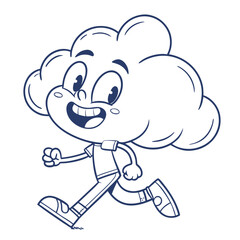 Joyful Cloud Mascot Running With Smiling Face, Animated Character Line Art, Isolated