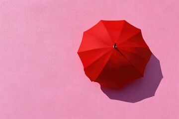 Bright red umbrella casts bold shadow against soft pink backgrou
