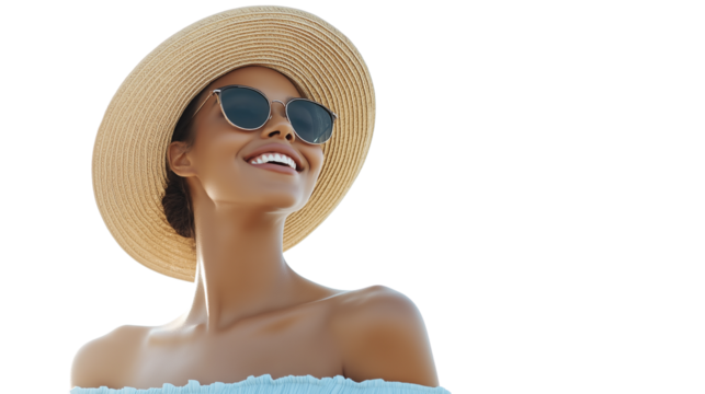 Happy young woman wearing straw hat and sunglasses, summer fashion outfit, relaxed expression, light blue dress, cinematic lighting, high-resolution PNG, white background, cropped to waist, no hands v