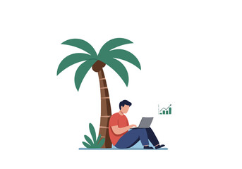 A young man sits under a palm tree, working on a laptop. Blue sky background. Represents remote work, digital nomad lifestyle, and tropical business.