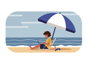 A young man with curly hair works on a laptop at the beach under an umbrella. Relaxed, sunny scene. Ideal for travel, remote work, and lifestyle concepts.