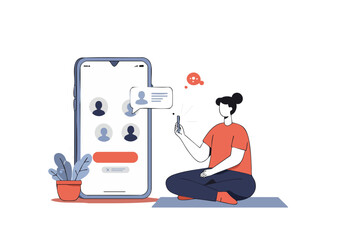A young woman sits cross-legged, looking at her phone with a thoughtful expression. Clean, modern illustration style. Perfect for lifestyle, communication, and tech concepts.