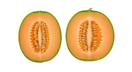 cantaloupe png. cantaloupe fruit sliced in half top view flat lay isolated. cantaloupe melon full of vitamins and water png. juicy, ripe and fresh cantaloupe melon isolated