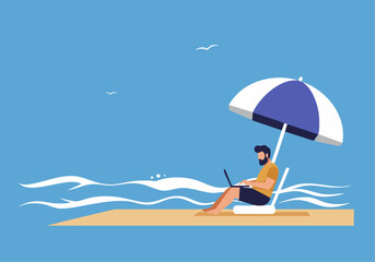 Man works on a laptop under a beach umbrella. Relaxed, sunny scene evokes remote work and vacation vibes. Clean, modern illustration.
