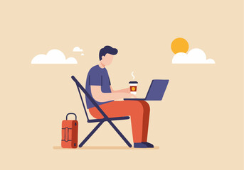 Man works remotely outdoors, enjoying a coffee and laptop on a folding chair. Sunny day, relaxed vibe. Perfect for lifestyle, freelance, or digital nomad concepts.