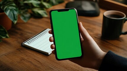 A clean office desk with a hand holding a smartphone with green screen, wooden surface, coffee mug, wireless keyboard, and lined notepad in frame. Bright natural daylight from window.
