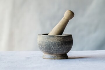 A gray mortar with a wooden pestle resting inside its bowl
