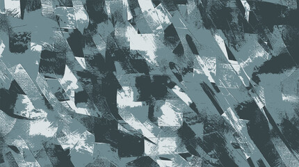 Bold abstract design with jagged, overlapping brushstrokes in dark teal, icy white, and slate gray, evoking energetic motion and raw texture across a fragmented canvas