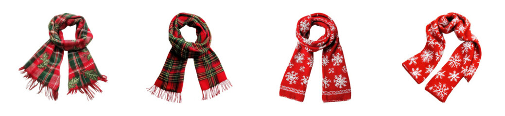 Four festive red and plaid winter scarves with snowflake patterns, cut out - stock png