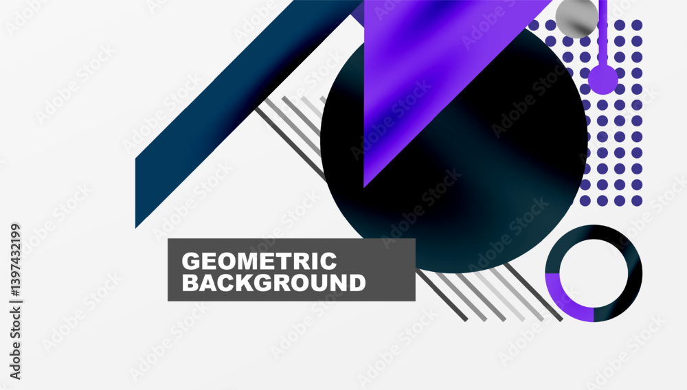 Poster abstract geometric composition. dark purple, navy shapes overlap white space. diagonal lines, circle