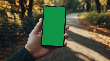 A hand holding phone with green screen while jogging on a forest path in a natural park, motion blur on trees, sun peeking through canopy. Created Using: action photography style, GoPro mimic lens,
