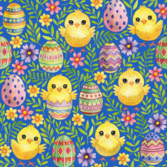 Easter seamless background in watercolor technique. Yellow chickens with Easter eggs on a blue background