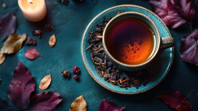 Warm tea in turquoise cup surrounded by colorful leaves and cand