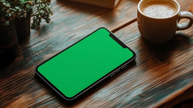 A remote work setup with smartphone with green screen in hand, coffee cup steaming, wireless mouse and open planner visible on rustic wooden desk. Created Using: casual office tone,