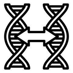Two similar genome chains line icon, genetic research concept. Vector graphics. DNA chains with arrow, test sign on white background, style mobile or design.