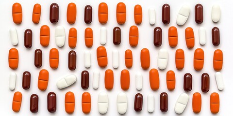 Pattern of orange and white capsules arranged in diagonal flow forming pharmaceutical design balance concept for health industry medication discipline and supplement composition photo