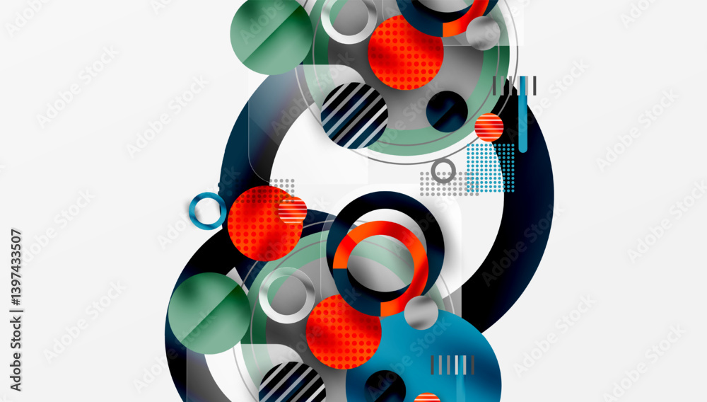 Fototapete Abstract geometric composition. Overlapping circles, lines, patterns create dynamic visual effect. Modern design, vibrant colors, clean aesthetic.