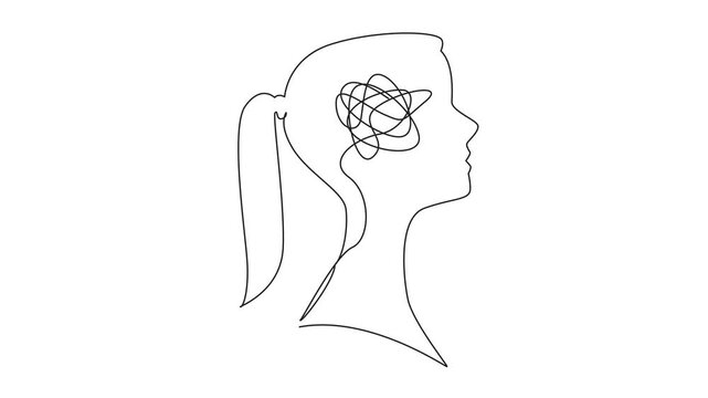 Self drawing animation of single one line drawing the head of woman with a tangled wire in the middle of her head. Stress. Tired. Too many problems. Inside the Head of Woman. Full length animated