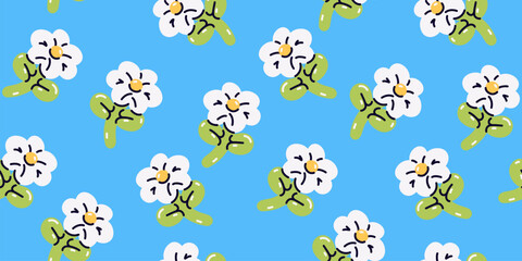 Balloon animals set. Seamless pattern. White flower chamomile on a blue background. Birthday party for children. Vector illustration. Colorful. Balloon twisting technique. Spring and summer colors.