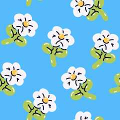 Naklejka premium Balloon animals set. Seamless pattern. White flower chamomile on a blue background. Birthday party for children. Vector illustration. Colorful. Balloon twisting technique. Spring and summer colors.