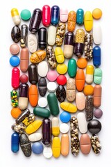 Overflowing colorful pile of prescription and over the counter pills stacked in vertical composition with vibrant light shadow highlights in creative pharmaceutical stock image style