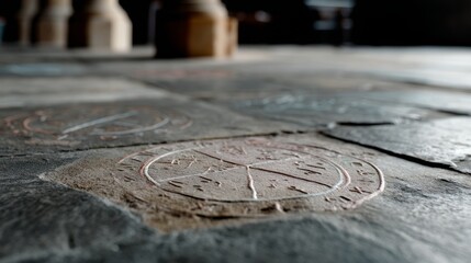 Intricate stone carvings grace a temple's floor, embodying the timeless artistry and spiritual gravitas of sacred architecture.