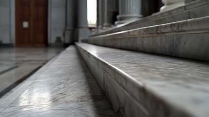Elegant marble stairs bask in soft light, leading to grand wooden doors in a historic architectural setting.