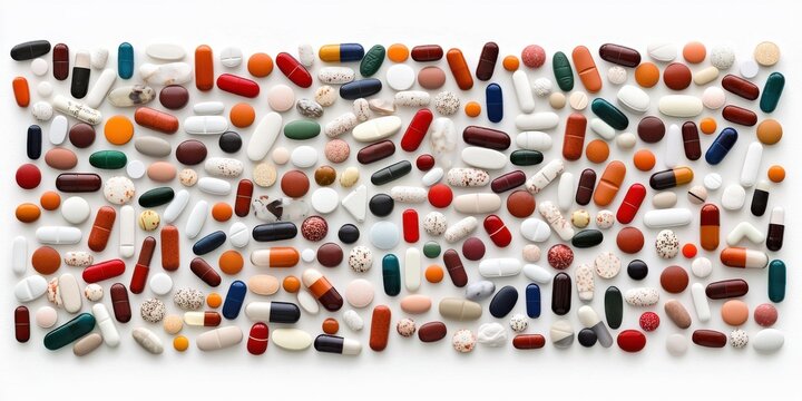 Massive overflow of pharmaceutical pills and capsules of various shapes sizes and colors covering entire surface in chaotic abstract medication background for medical stock photo use