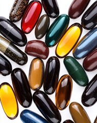 Assorted softgel capsules of various colors and shapes forming scattered layout on dark background in shiny therapeutic visual for supplement marketing and pharmaceutical design context