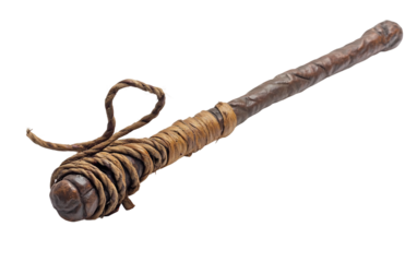 A minimalist depiction of a Passion-era whip with worn leather strands Isolated on transparent background.