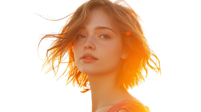 Young woman with dreamy summer expression, windblown hair, cropped at waist, sunset golden tone lighting, clean white background PNG, no hands visible