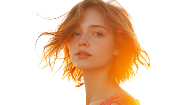 Young woman with dreamy summer expression, windblown hair, cropped at waist, sunset golden tone lighting, clean white background PNG, no hands visible
