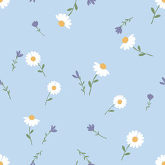 Seamless pattern with chamomile daisies, purple flower and green leaves on blue background vector.