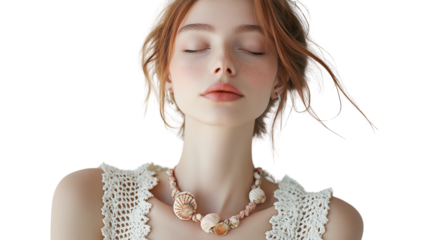 Young woman in crochet top, sea-shell necklace, soft summer makeup, high-res portrait, no hands visible, white background, cropped at waist