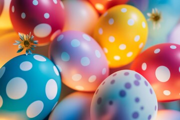 Easter eggs with polka dots and floral patterns, set against a vibrant, festive background, full of spring cheer.