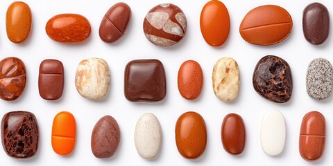 Assorted natural stones arranged as supplements representing mineral based wellness nutritional geology and alternative natural remedy symbolic concept