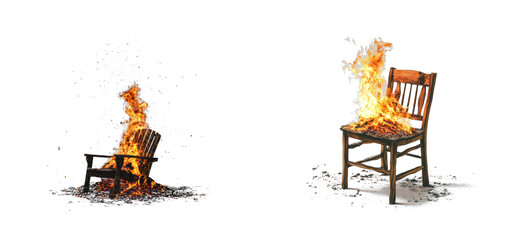 Two wooden chairs on fire with flames and smoke, cut out - stock png