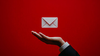 Businessman's hand presenting email symbol on a striking red backdrop for digital communication