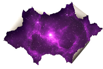 Cosmic Galaxy View Through Torn Paper Effect in Deep Purple