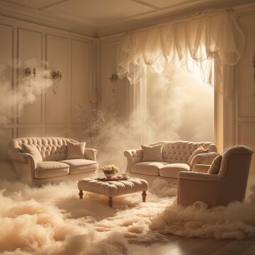 A living room featuring elegant, tufted furniture enveloped in soft mist. Warm light filters through sheer drapes, creating a dreamlike quality to the space