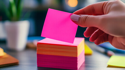 Easy removal of bright pink sticky note from a neat stack enhances desk organization