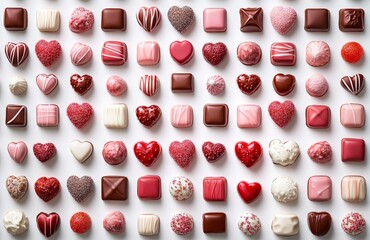 Valentine's Day candy in knolling layout, red and pink chocolates, candy bars, white background, product photography.
