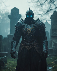 Fototapeta premium Cursed black knight emerges from fog in haunted graveyard with ancient symbols