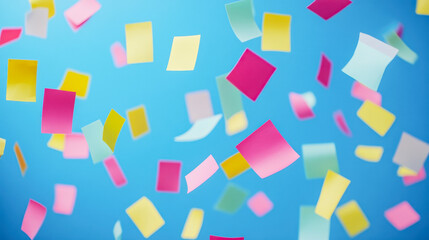 Sticky notes float in the air on a blue background, symbolizing creative ideas and brainstorming